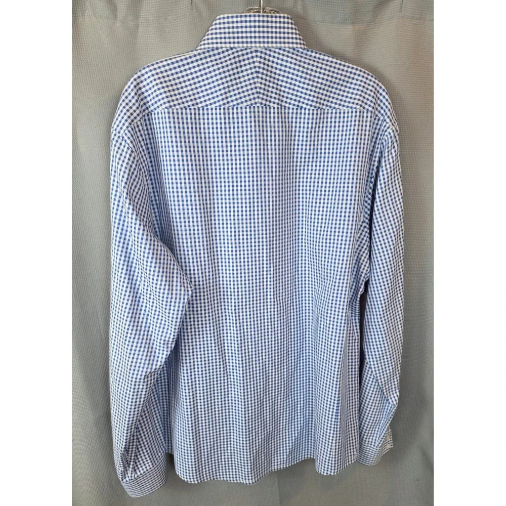 Thomas Pink Dress Shirt Mens 17 Blue Gingham Slim Fit Long Sleeve - Picture 2 of 8